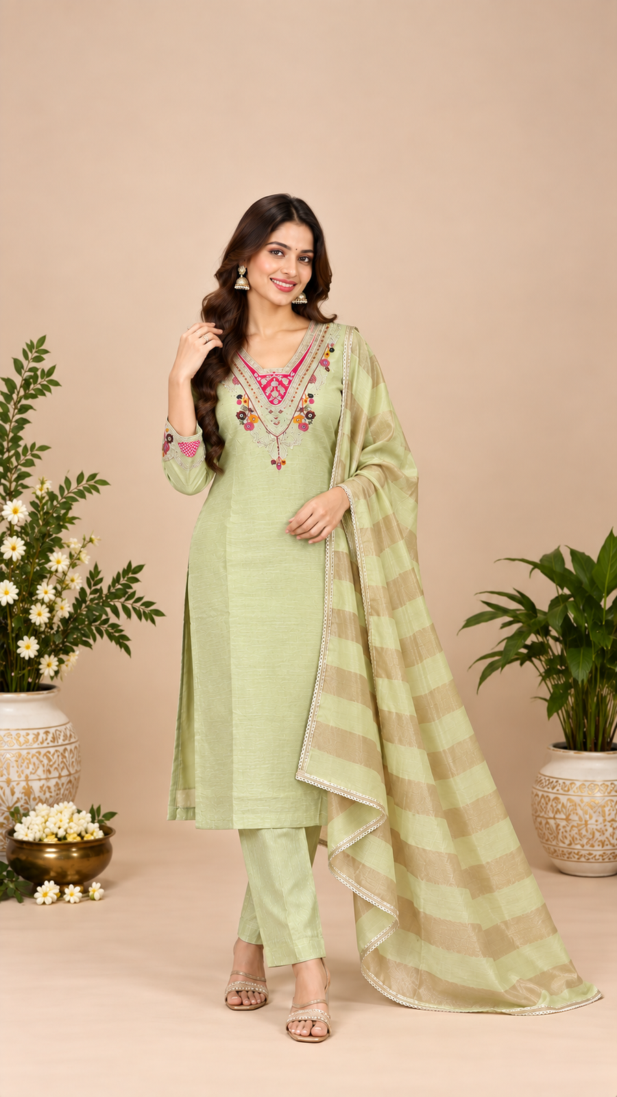 Pista Green Milano Glass Fabric Embroidered Suit With Dupatta