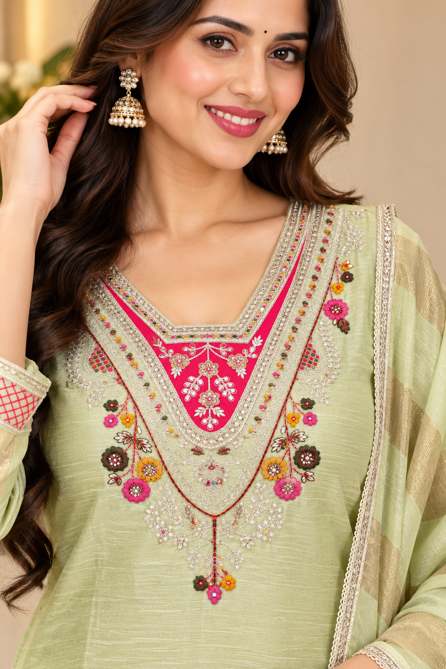 Pista Green Milano Glass Fabric Embroidered Suit With Dupatta