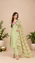 Pista Green Milano Glass Fabric Embroidered Suit With Dupatta