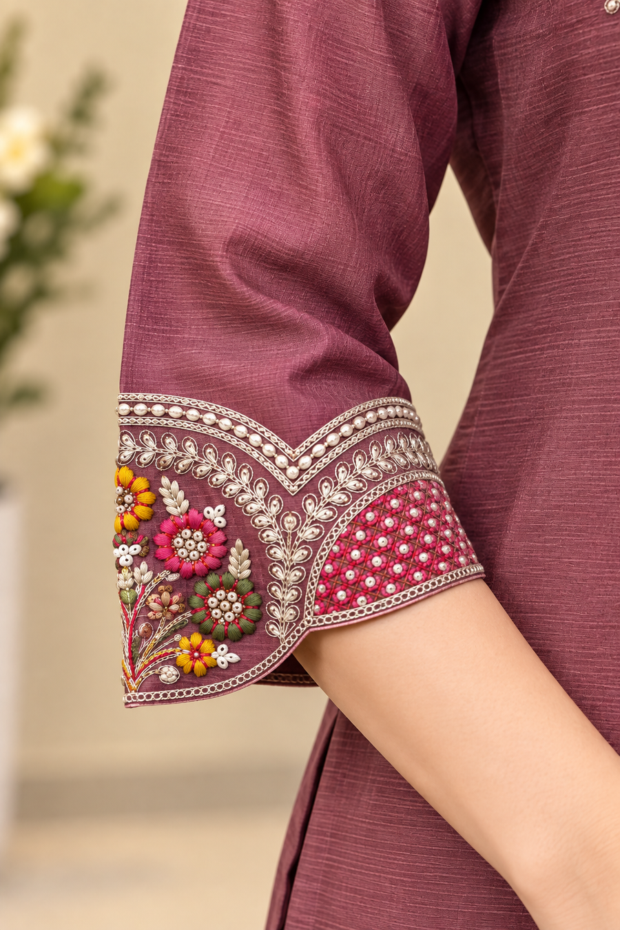 Dusty Rose Milano Glass Fabric Embroidered Suit With Dupatta