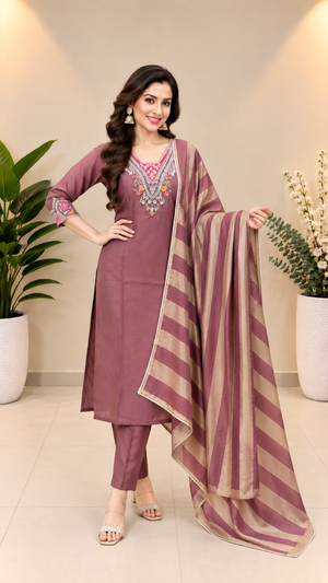 Dusty Rose Milano Glass Fabric Embroidered Suit With Dupatta