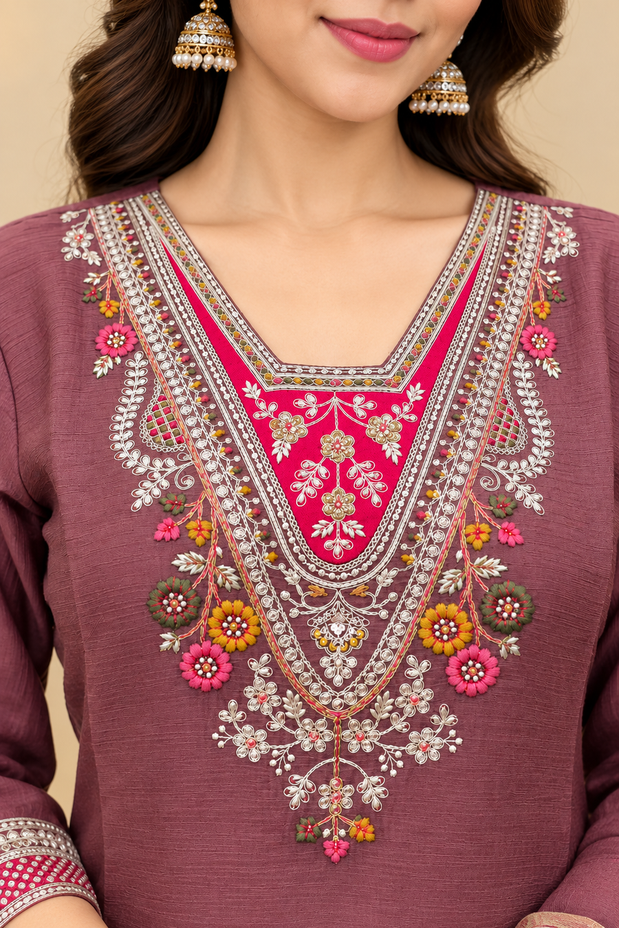 Dusty Rose Milano Glass Fabric Embroidered Suit With Dupatta