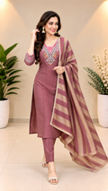Dusty Rose Milano Glass Fabric Embroidered Suit With Dupatta