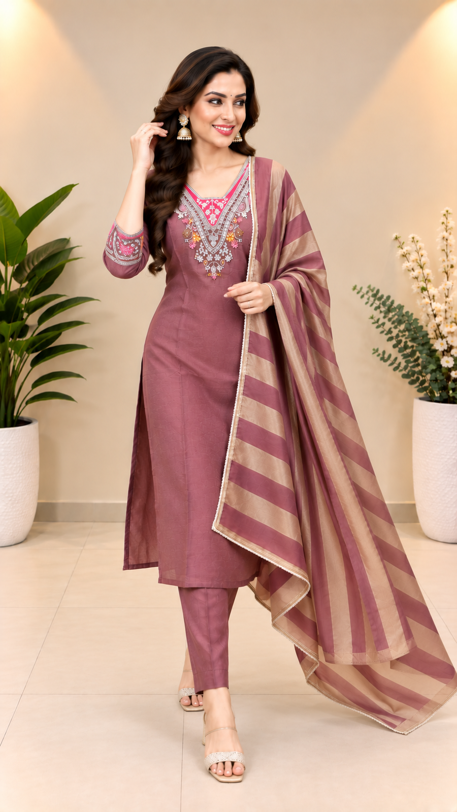 Dusty Rose Milano Glass Fabric Embroidered Suit With Dupatta