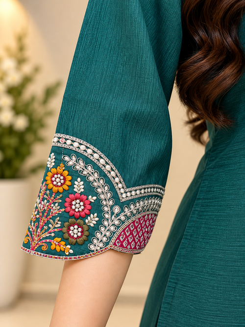 Teal Milano Glass Fabric Embroidered Suit With Dupatta