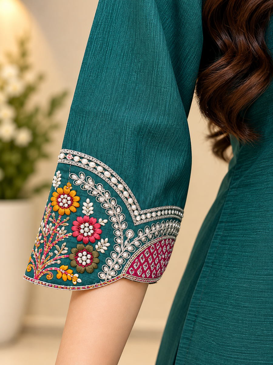 Teal Milano Glass Fabric Embroidered Suit With Dupatta
