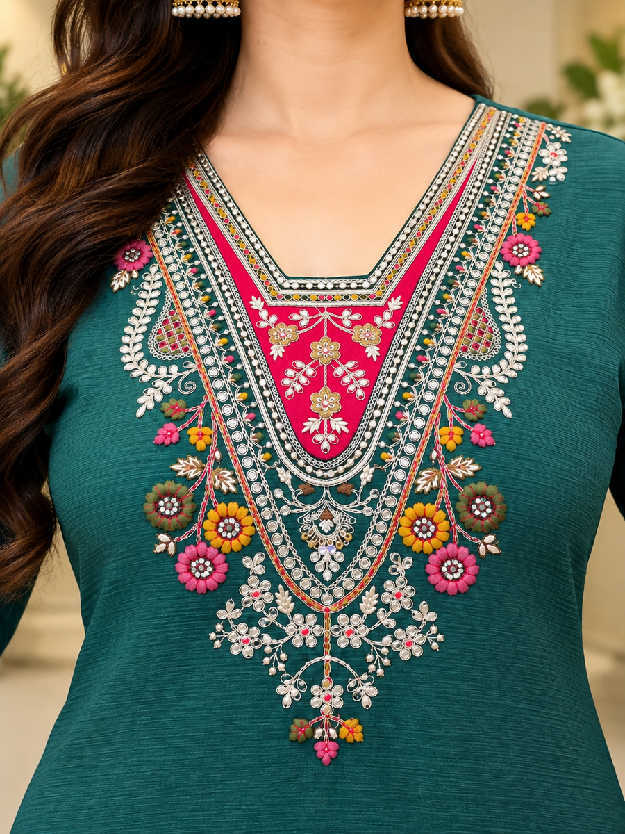 Teal Milano Glass Fabric Embroidered Suit With Dupatta