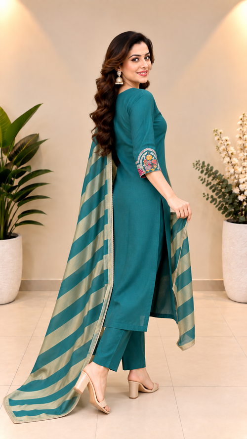 Teal Milano Glass Fabric Embroidered Suit With Dupatta