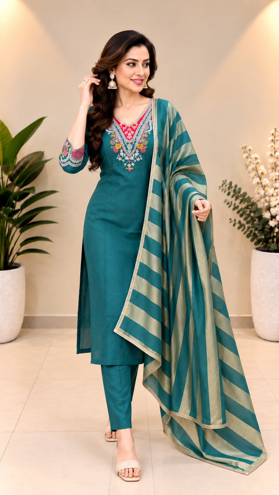 Teal Milano Glass Fabric Embroidered Suit With Dupatta