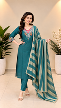 Teal Milano Glass Fabric Embroidered Suit With Dupatta