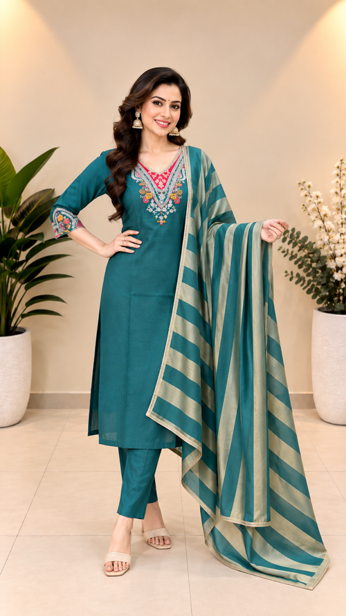 Teal Milano Glass Fabric Embroidered Suit With Dupatta