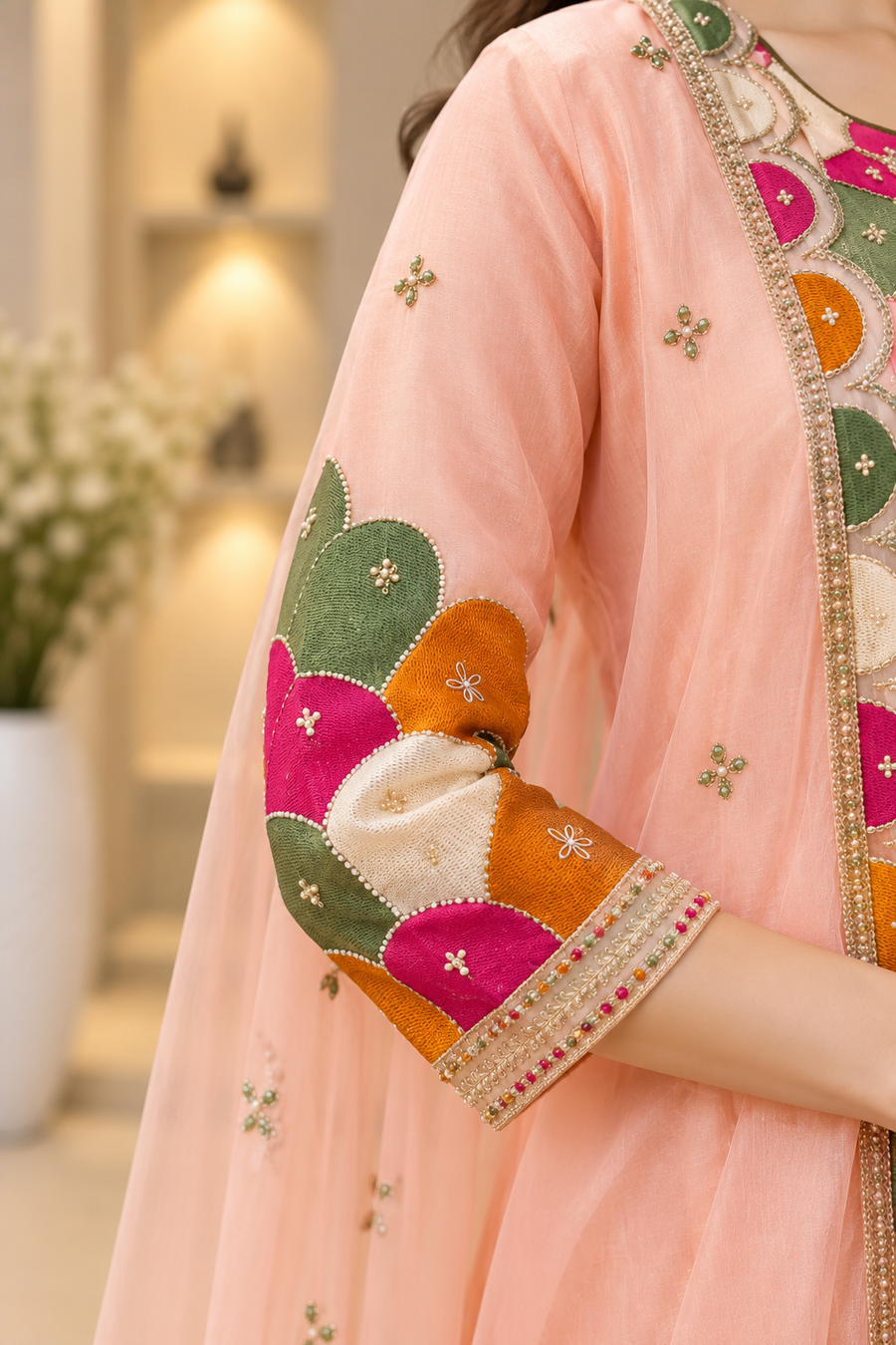Peach Soft Mull Chanderi 22 Kali Anarkali Suit With Dupatta