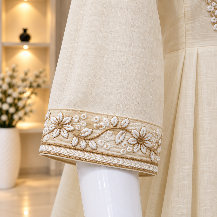 Off-White Mull Cotton Embroidered Suit Set With Dupatta