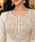 Off-White Mull Cotton Embroidered Suit Set With Dupatta