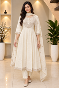 Off-White Mull Cotton Embroidered Suit Set With Dupatta