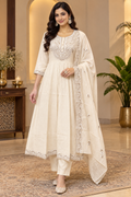 Off-White Mull Cotton Embroidered Suit Set With Dupatta