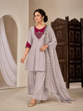Dove Grey Flared Kurta Sharara Set with Magenta Embroidered Yoke