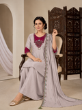 Dove Grey Flared Kurta Sharara Set with Magenta Embroidered Yoke