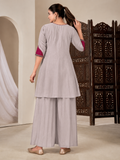 Dove Grey Flared Kurta Sharara Set with Magenta Embroidered Yoke