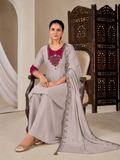 Dove Grey Flared Kurta Sharara Set with Magenta Embroidered Yoke