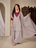 Dove Grey Flared Kurta Sharara Set with Magenta Embroidered Yoke