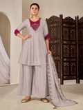 Dove Grey Flared Kurta Sharara Set with Magenta Embroidered Yoke