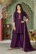 Plum Purple Heavy Roman Silk Straight Kurta Palazzo Set