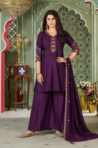 Plum Purple Heavy Roman Silk Straight Kurta Palazzo Set