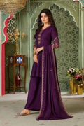 Plum Purple Heavy Roman Silk Straight Kurta Palazzo Set