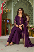 Plum Purple Heavy Roman Silk Straight Kurta Palazzo Set