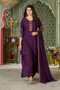 Plum Purple Heavy Roman Silk Straight Kurta Palazzo Set