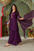 Plum Purple Heavy Roman Silk Straight Kurta Palazzo Set