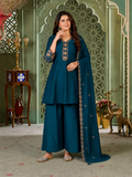 Teal Blue Heavy Roman Silk Flared Tunic Palazzo Set