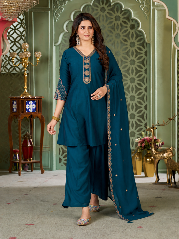Teal Blue Heavy Roman Silk Flared Tunic Palazzo Set