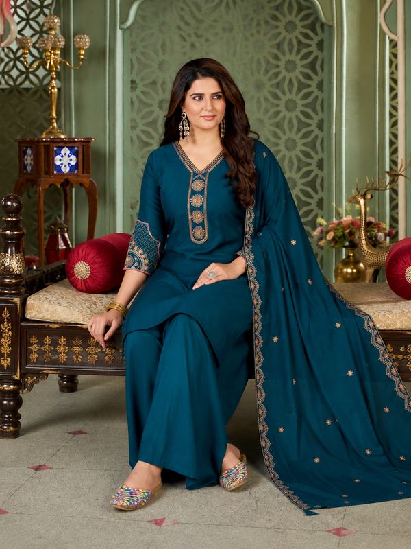 Teal Blue Heavy Roman Silk Flared Tunic Palazzo Set