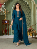 Teal Blue Heavy Roman Silk Flared Tunic Palazzo Set