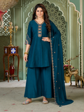 Teal Blue Heavy Roman Silk Flared Tunic Palazzo Set