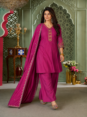 Magenta Pink Heavy Roman Silk Flared Tunic Palazzo Set