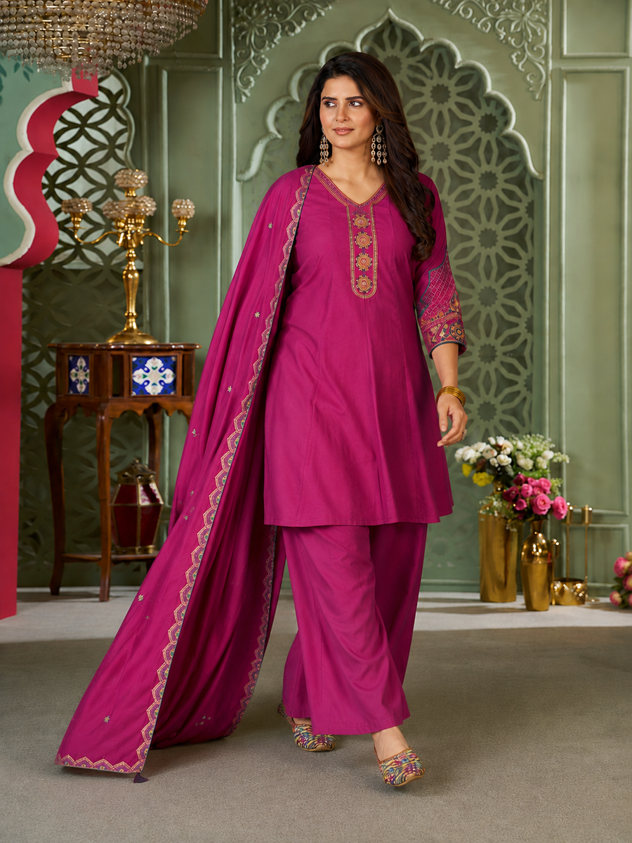 Magenta Pink Heavy Roman Silk Flared Tunic Palazzo Set