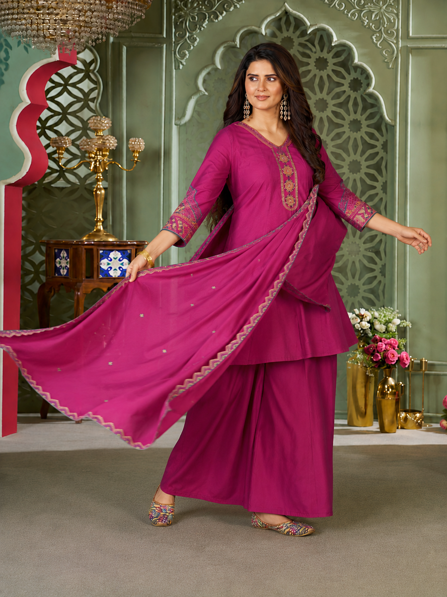 Magenta Pink Heavy Roman Silk Flared Tunic Palazzo Set