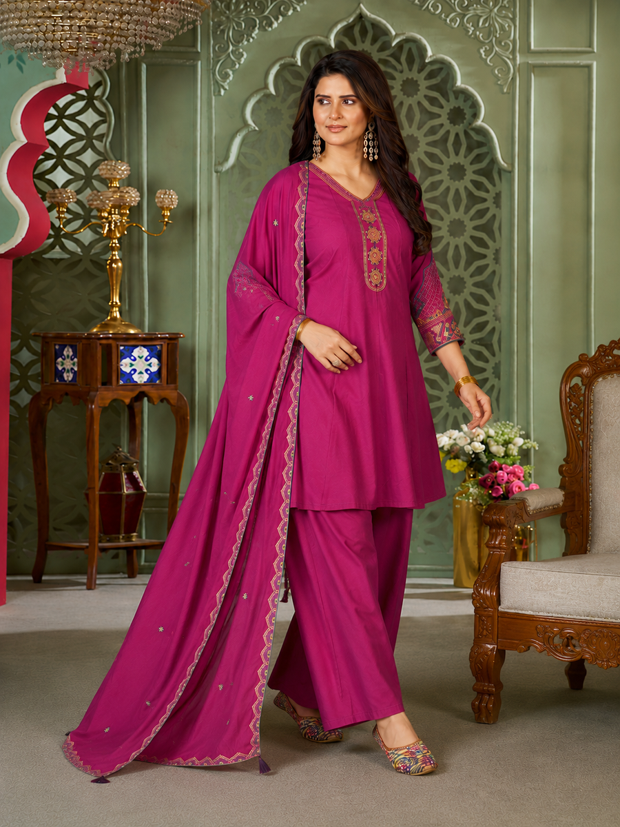 Magenta Pink Heavy Roman Silk Flared Tunic Palazzo Set