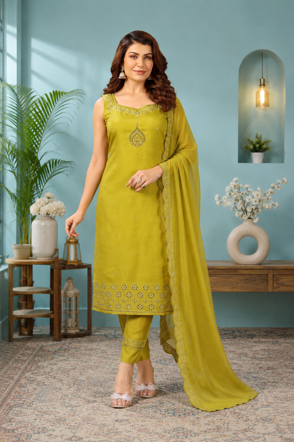 Lime Zest Embroidered Roman Silk Suit Set with Dupatta
