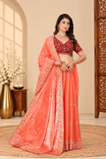 Coral Peach Fandy Silk Saree with Maroon Embroidered Blouse