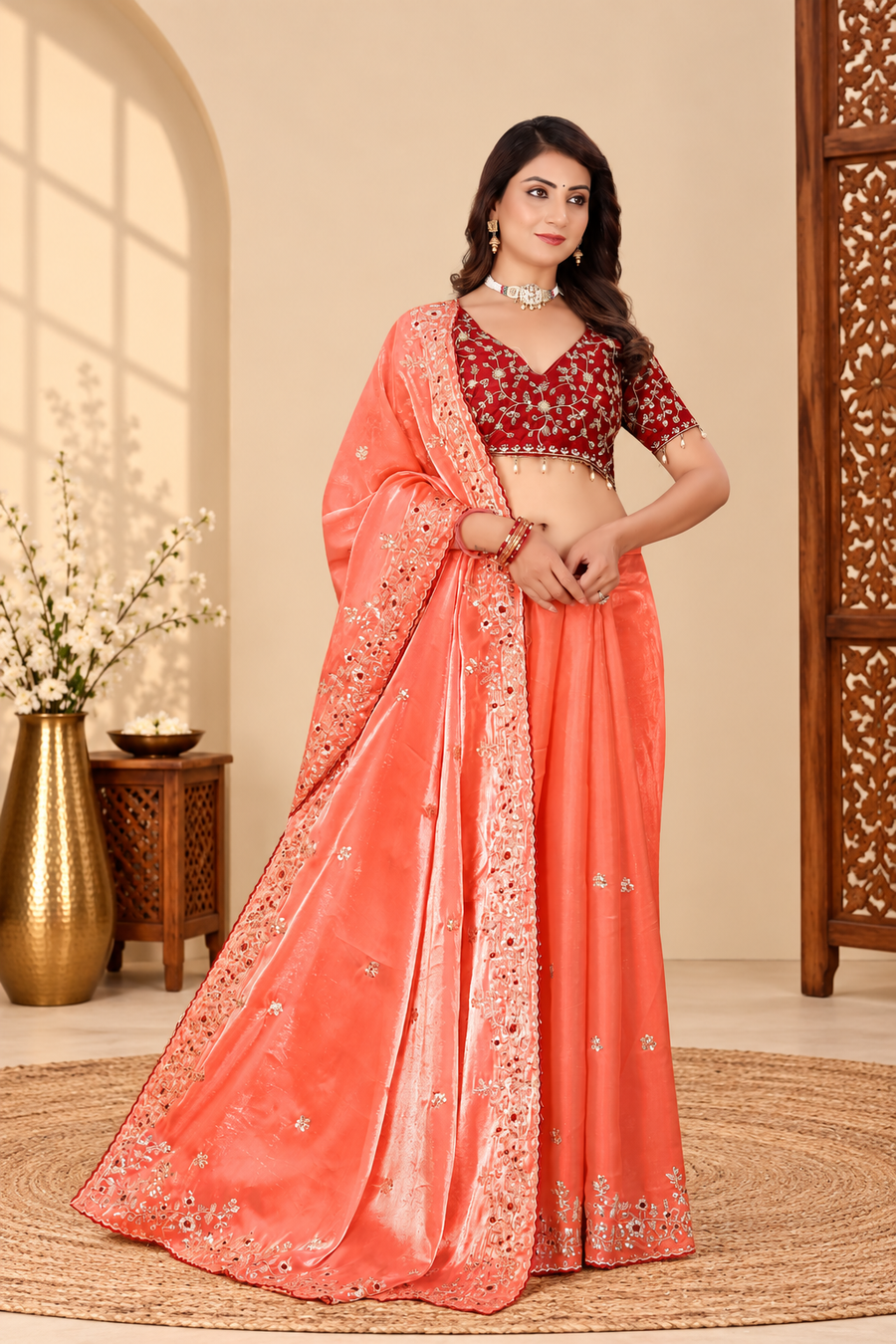 Coral Peach Fandy Silk Saree with Maroon Embroidered Blouse