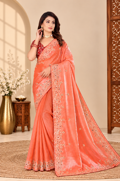 Coral Peach Fandy Silk Saree with Maroon Embroidered Blouse