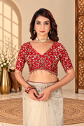 Champagne Cream Fandy Silk Saree with Red Embroidered Blouse