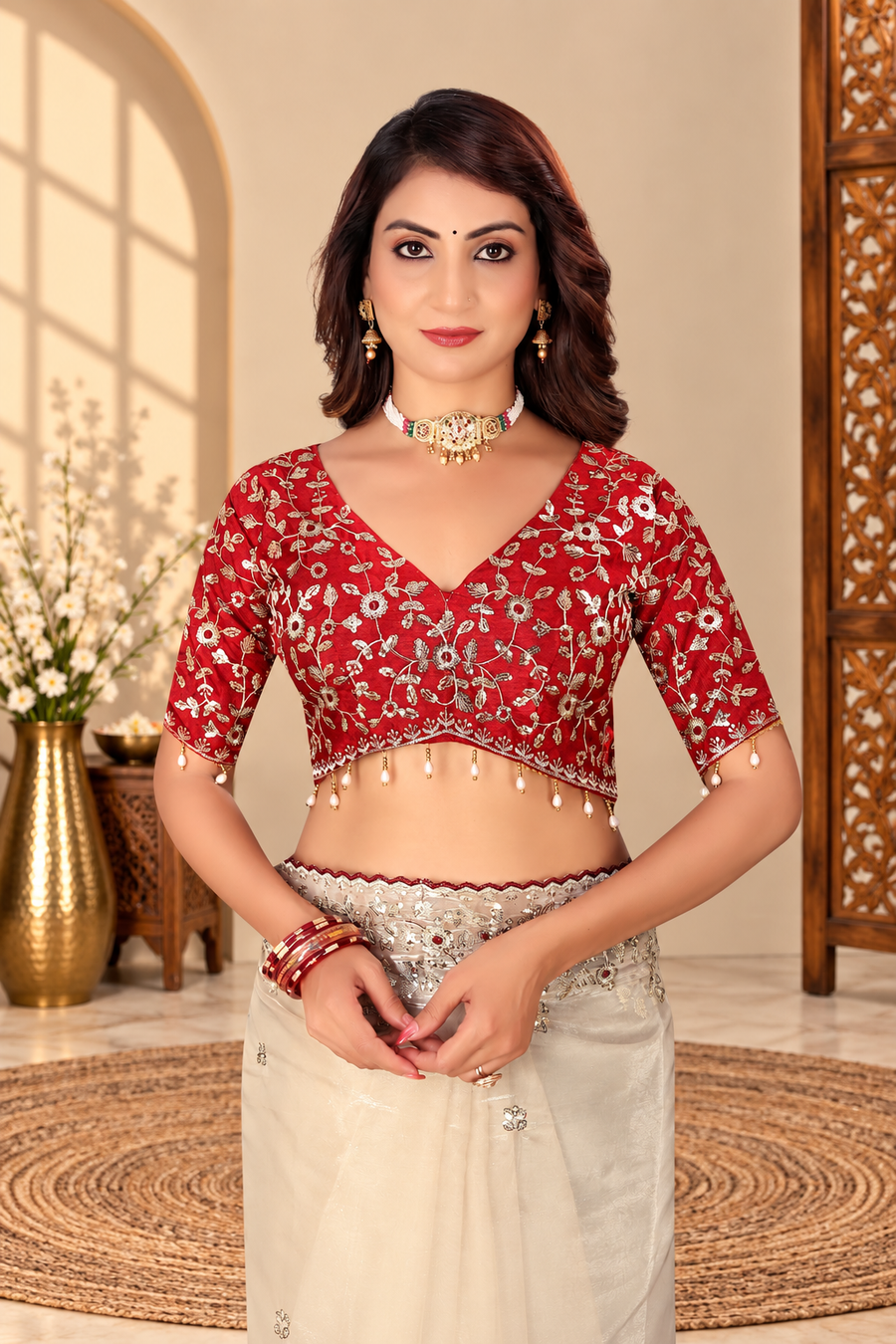 Champagne Cream Fandy Silk Saree with Red Embroidered Blouse
