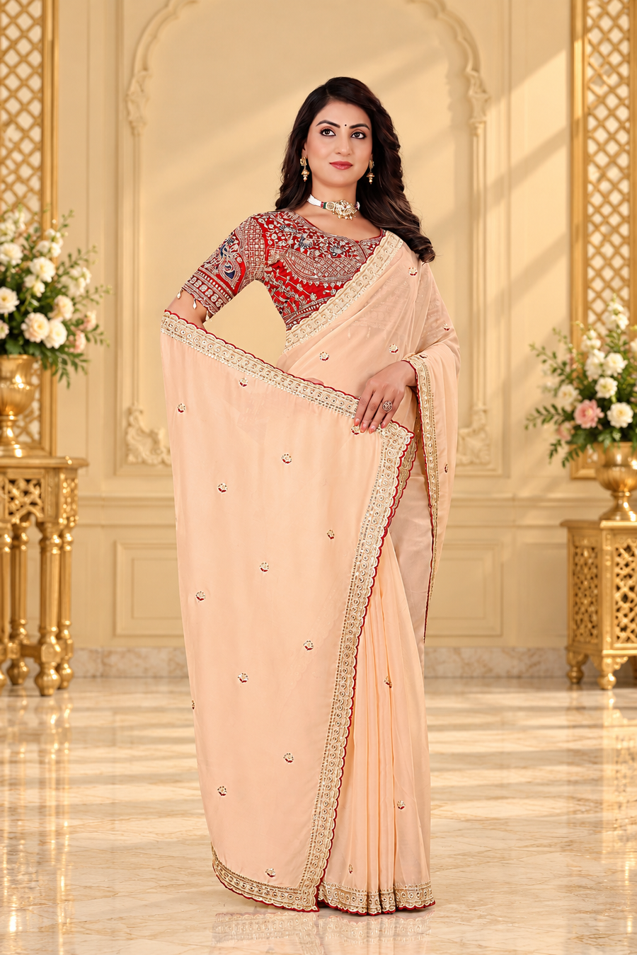 Ivory Rangoli Silk Saree with Embroidered Wine Blouse