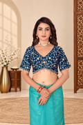 Turquoise Blue Fandy Silk Saree with Embroidered Navy Blue Blouse
