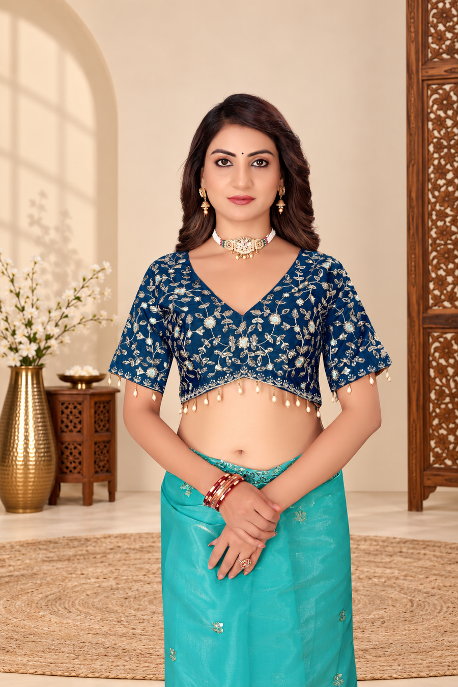 Turquoise Blue Fandy Silk Saree with Embroidered Navy Blue Blouse